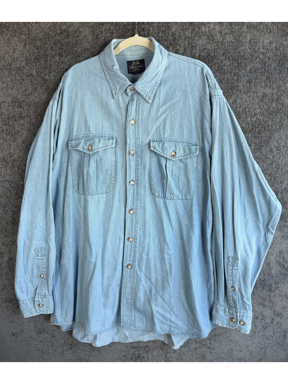 Vintage Willis Geiger Mens XL Tall Blue Denim Cotton Safari Field Shirt